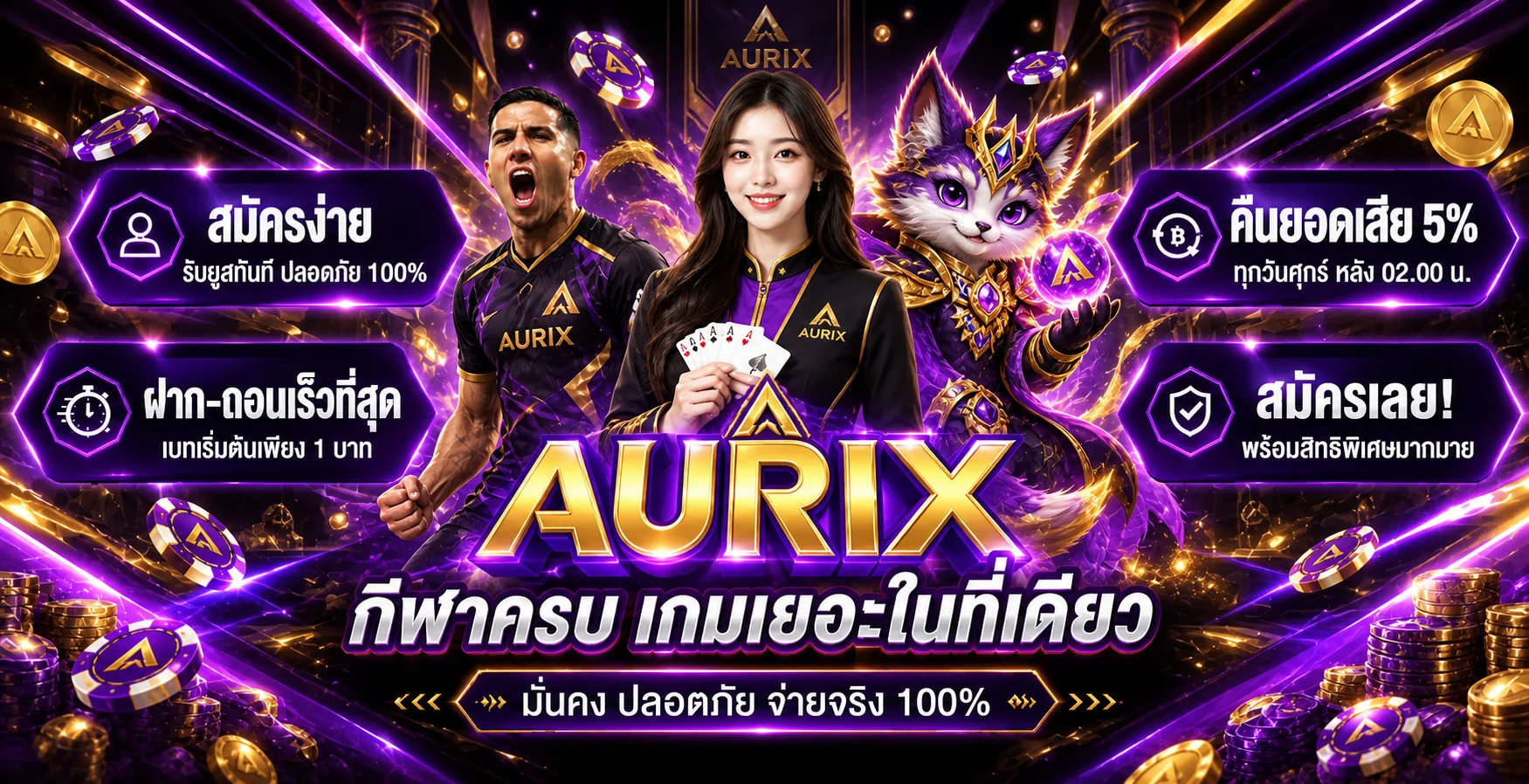 AURIX คาสิโนออนไลน์พร้อมหมวดสล็อต คาสิโนสด และข้อมูลกีฬา